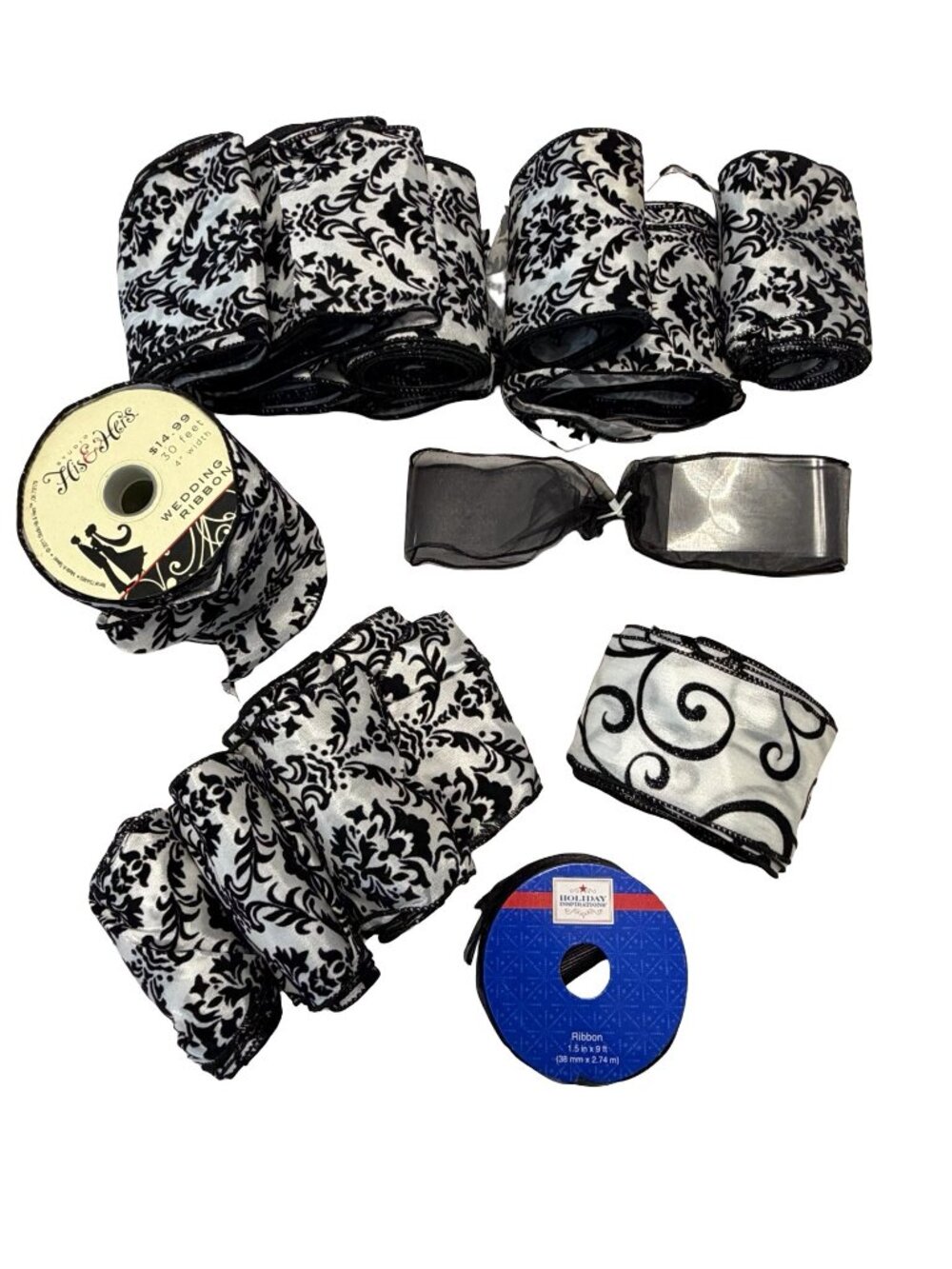 Black White Damask Wired Ribbon Lot Wedding Holiday Craft Decor Mixed Widths